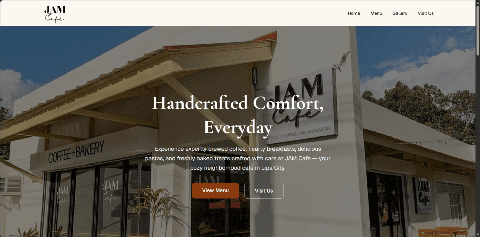 Screenshot of Website Concept for JAM Cafe's Landing Page