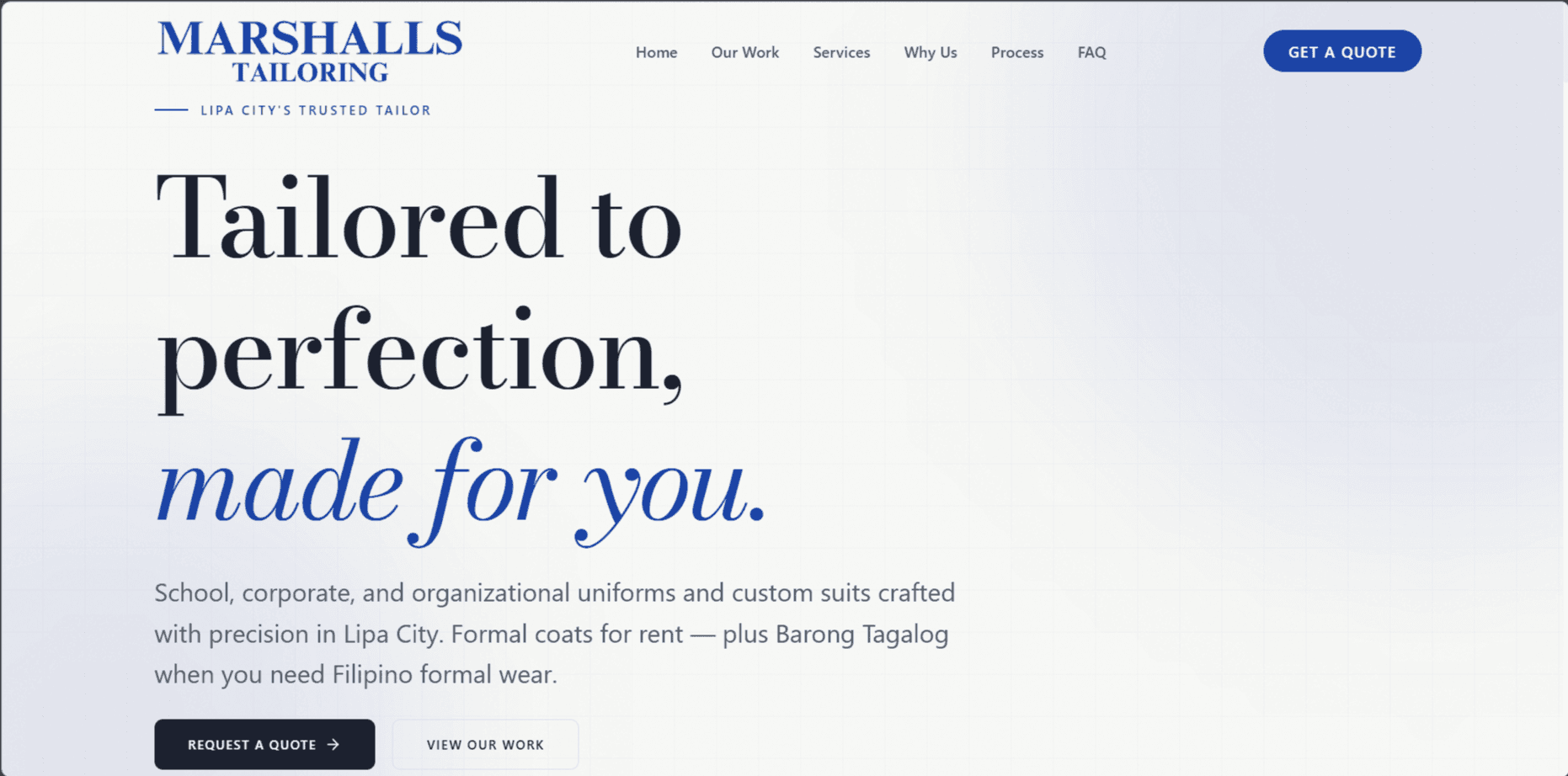 Screenshot of Marshall's Tailoring's Landing Page