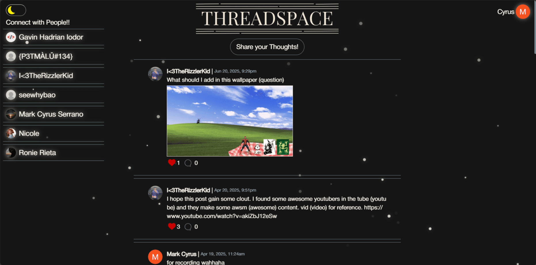 Screenshot of ThreadSpace's Landing Page